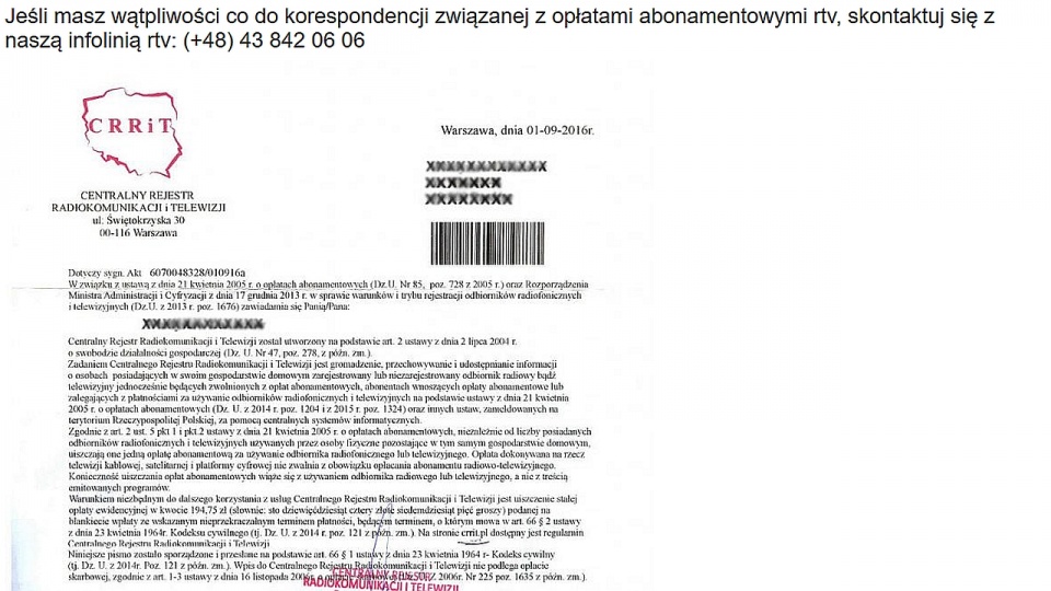 Jedno z fałszywych pism w sprawie uregulowania abonamentu. Fot. www.poczta-polska.pl