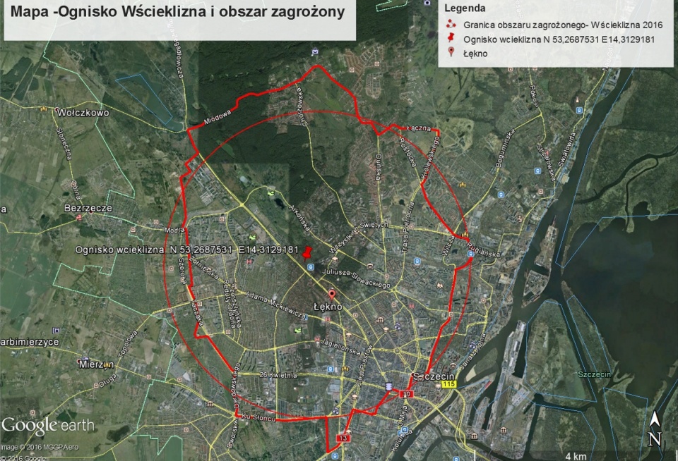 Mapa - ognisko wścieklizna i obszar zagrożony