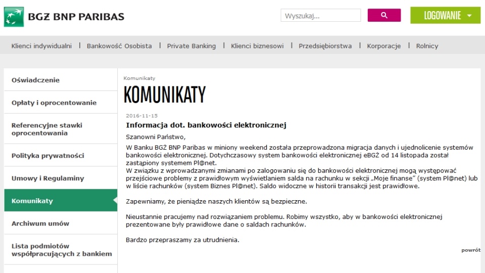 Oficjalny komunikat banku BGŻ BNP Paribas.