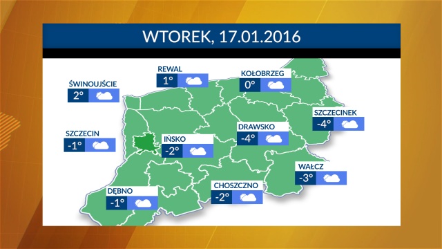 We wtorek w centrum regionu temperatury do -4 stopni Celsjusza, nad samym morzem nawet do 2. Wszędzie dużo słońca i żadnych opadów. Nad ranem możemy spodziewać się mgieł. Za to noce zimne do -4 stopni, może spaść niewielki śnieg.