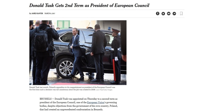 Wybór Donalda Tuska na drugą kadencję na przewodniczącego Rady Europejskiej odnotowują media w Stanach Zjednoczonych i Rosji.