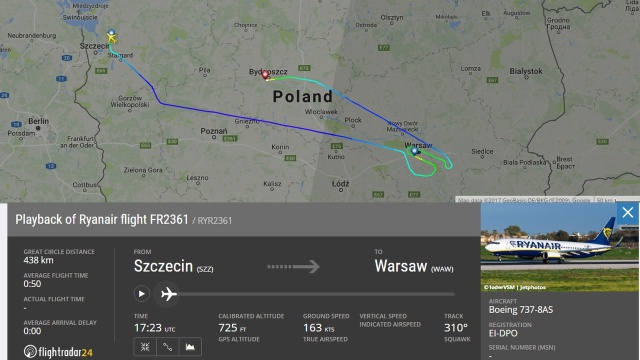 Problemy pasażerów wieczornego lotu z Goleniowa do Warszawy. Samolot linii Ryanair, który wystartował o 19:23, lądował wyjątkowo w Bydgoszczy.