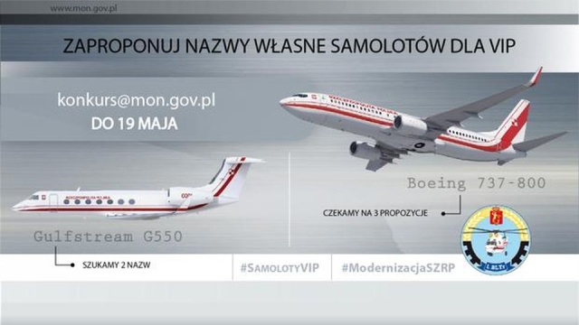Ministerstwo Obrony Narodowej ogłosiło konkurs na nazwy dla pięciu samolotów do transportu najważniejszych osób w państwie.