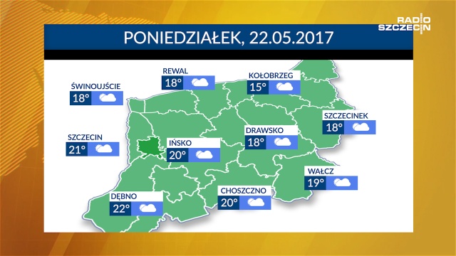 Temperatury w poniedziałek w całym regionie będą oscylować w okolicach 20 stopni Celsjusza. Lekkie zachmurzenie, nie powinno jednak padać. Ciśnienie wysokie i będzie spadać. W nocy powyżej dziesięciu kresek. Natomiast jutro niebo będzie zdecydowanie bardziej zachmurzone, będzie za to nieco cieplej niż w poniedziałek.