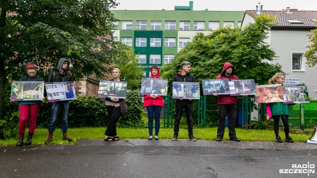 Zdjęcia z rzeźni Animexu w Szczecinie pokazywali przechodniom aktywiści z Inicjatywy na Rzecz Zwierząt Basta.