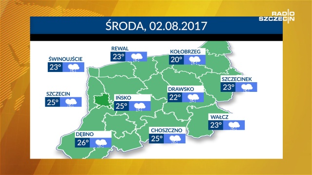 Po upalnym wtorku, środa będzie nieco chłodniejsza. W ciągu dnia termometry w regionie będą wskazywać od 20 do 26 stopni Celsjusza. Możliwe opady deszczu i burze.