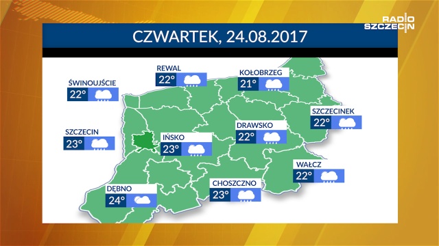 Czwartek zapowiada się chłodny jak na sierpień. W ciągu dnia termometry w regionie będą wskazywać od 21 do 24 stopni Celsjusza. Miejscami możliwe opady deszczu.