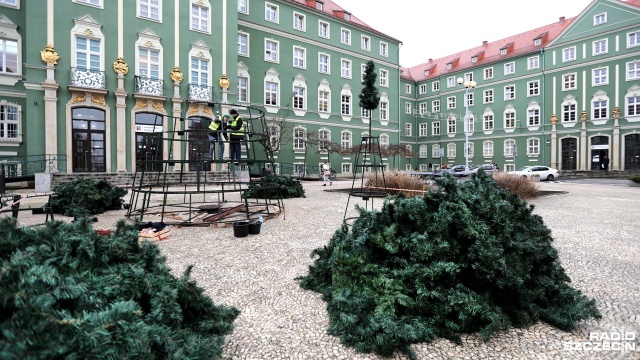 Wielka, 12-metrowa choinka powstaje przed szczecińskim Urzędem Miasta. To początek prac, na razie widać tylko stelaż, ale drzewko sukcesywnie rośnie. Konstrukcja gotowa będzie w piątek wieczorem.