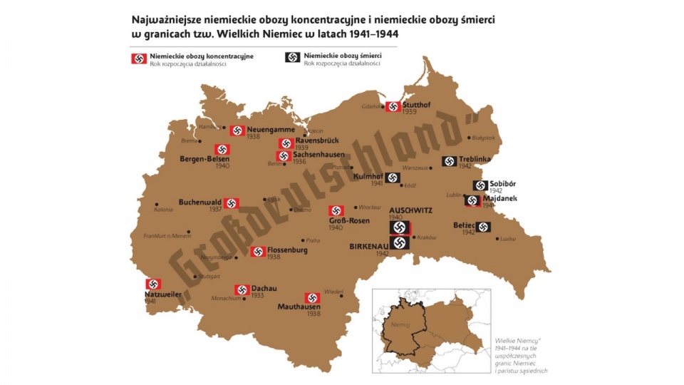 Najważniejsze niemieckie obozy koncentracyjne i niemieckie obozy śmierci w granicach tzw. Wielkich Niemiec w latach 1941-1944. Mat. truthaboutcamps.eu
