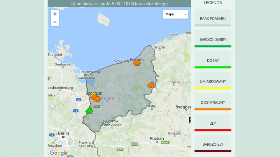 Mapa monitoringu jakości powietrza. Mat. www.powietrze.wios.szczecin.pl