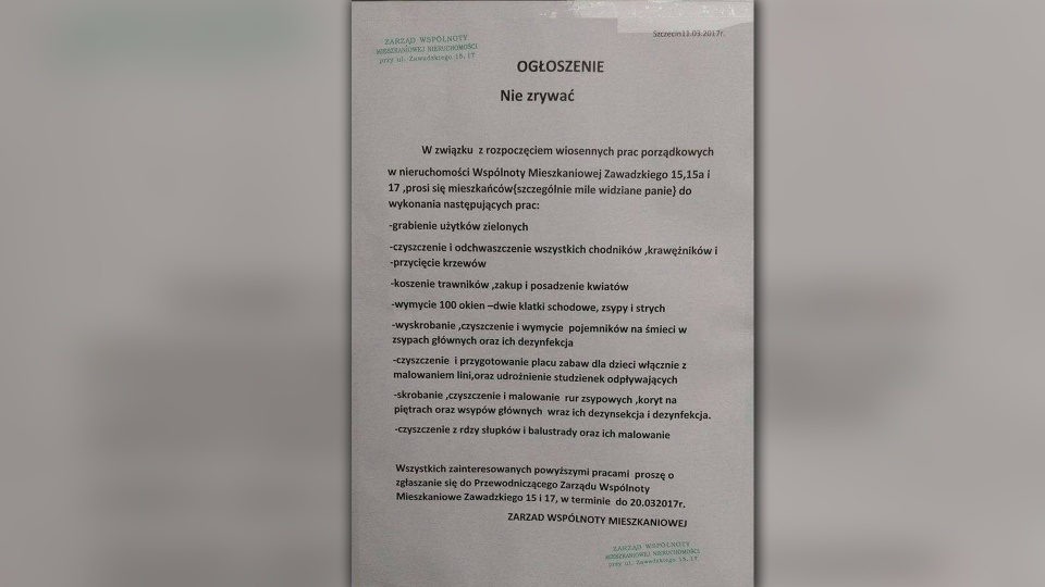 Zarząd wspólnoty mieszkaniowej Zawadzkiego 15 i 17 rozwiesił na klatkach schodowych ogłoszenie. Fot. www.facebook.com/zawadzkiegoklonowica