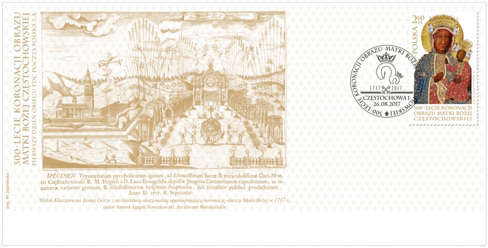 Znaczek upamiętniający rocznicę 300-lecia Koronacji Obrazu Matki Bożej Częstochowskiej wydaje Poczta Polska. Źródło: www.poczta-polska.pl