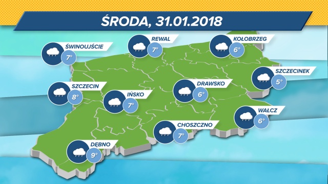 W środę zamiast zimy dominować będzie jesienna aura. Będzie wietrznie i deszczowo. W ciągu dnia termometry w regionie będą wskazywać od 5 do 9 stopni Celsjusza.