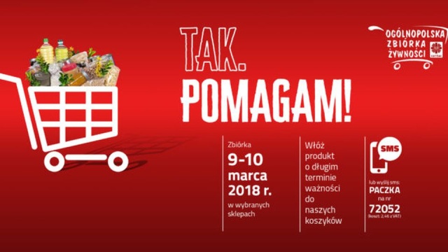 W sobotę trwa drugi i ostatni dzień zbiórki żywności Tak Pomagam Caritas Polska. Akcja odbywa się w sklepach wybranych sieci w całym kraju. Kupujący zostawiają w koszach żywność o dłuższym terminie terminie przydatności np. makarony, ryż, płatki , przetwory i słodycze.