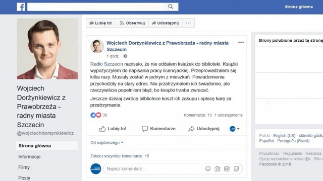 Radny Wojciech Dorżynkiewicz potwierdza informacje Radia Szczecin, że od lat nie zwraca książek i ma kilka tysięcy długu w Bibliotece Miejskiej.