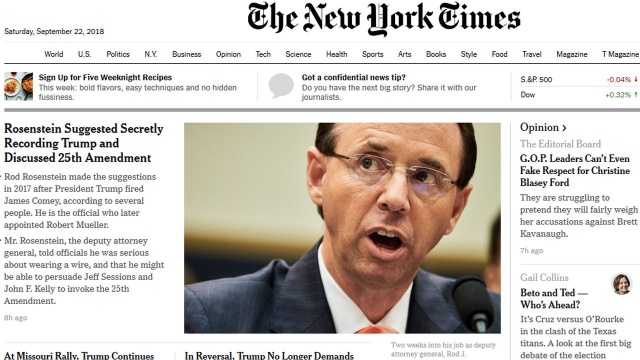 Kolejna burza polityczna w Stanach Zjednoczonych. Powodem jest publikacja w dzienniku New York Times, który napisał, że nadzorujący rosyjskie śledztwo prokurator Rod Rosenstein sugerował usunięcie z urzędu Donalda Trumpa z powodu niezdolności do sprawowania urzędu.