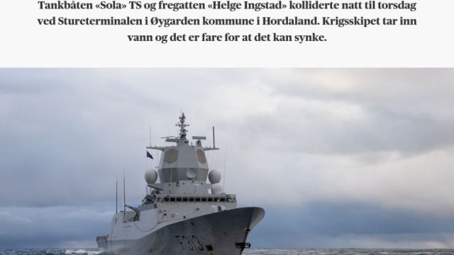 Tankowiec zderzył się z norweską fregatą na Morzu Północnym u zachodnich wybrzeży Norwegii. Siedem osób jest rannych - wynika z danych miejscowej policji. Na razie nie ma doniesień o ewentualnym wycieku ropy.