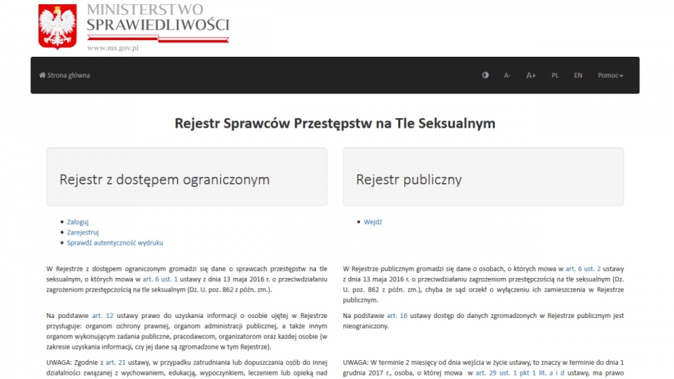 Rejestr Sprawców Przestępstw na Tle Seksualnym jest dostępny na stronie Ministerstwa Sprawiedliwości. Źródło: www.ms.gov.pl
