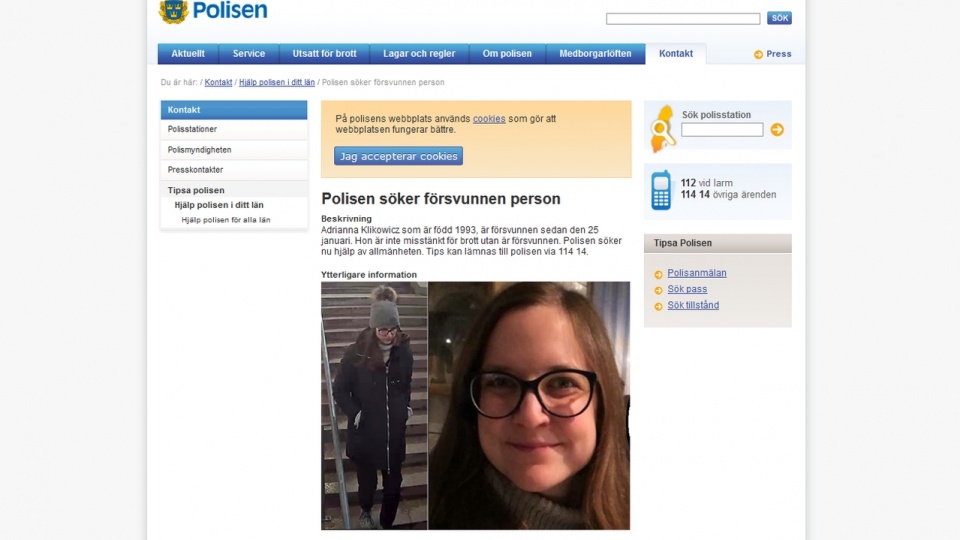 Szwedzka policja poszukuje 24-letniej Polki. Kobieta zaginęła pod koniec stycznia w Sztokholmie. Źródło: www.polisen.se