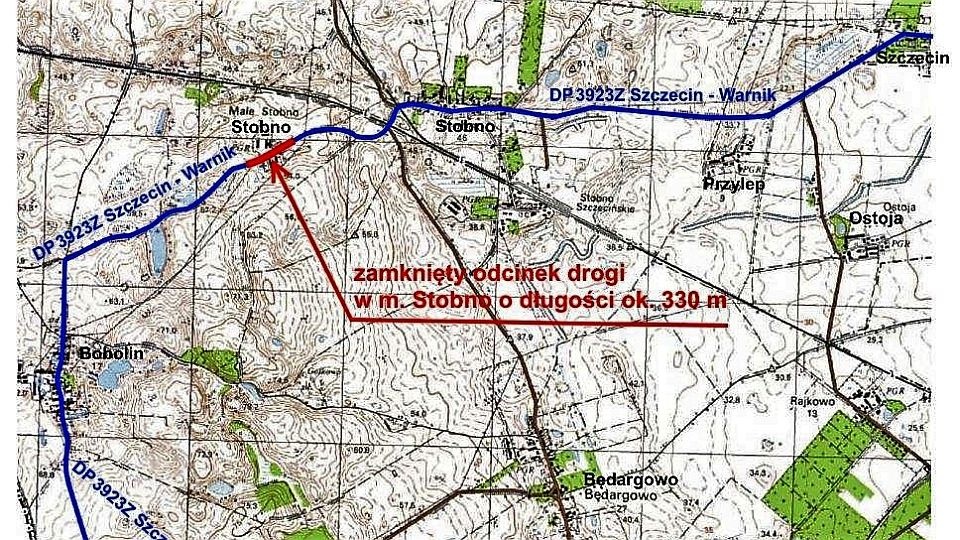 Kierowcy korzystający z tego odcinka muszą jechać objazdami przez miejscowości Warnik i Będargowo. Fot. Starostwo Powiatowe w Policach.