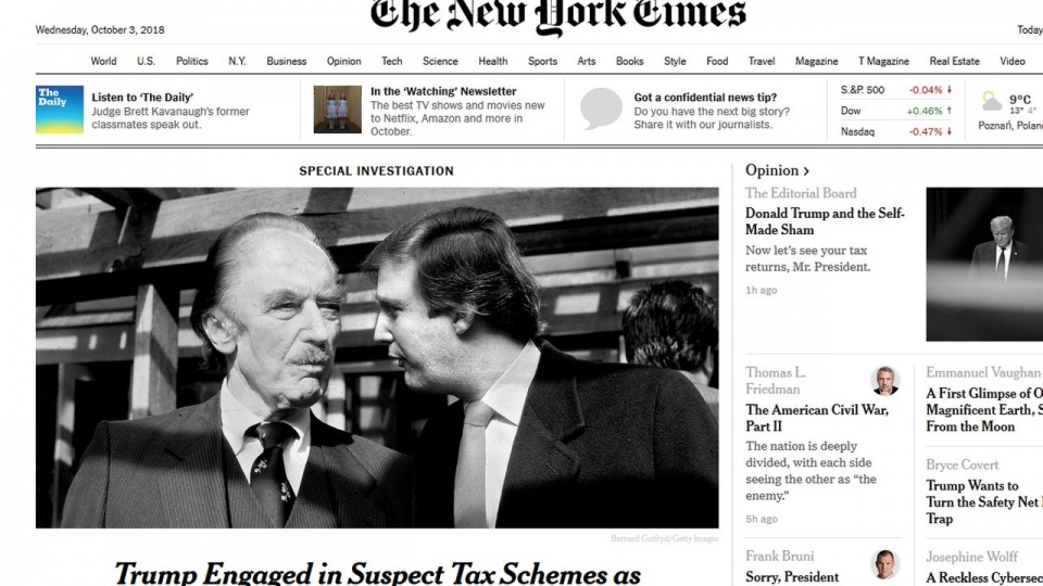 Donald Trump od dawna powtarza, że pożyczył od ojca milion dolarów, które umiejętnie pomnożył, stając się miliarderem. "New York Times" pisze jednak, że prezydent USA otrzymał od rodziców kwotę równą obecnym 423 milionom dolarów. źródło: https://www.nytim