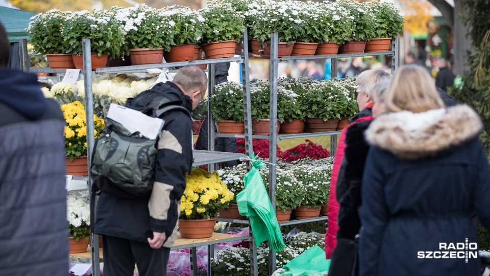 Sprzedaż kwiatów i zniczy przy bramie głównej Cmentarza Centalnego. Fot. Robert Stachnik [Radio Szczecin]