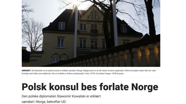 Norweskie media, powołując się na rzecznika tamtejszego ministerstwa spraw zagranicznych, poinformowały, że zażądano od polskiego MSZ, aby nakazał konsulowi powrót z Oslo do kraju.