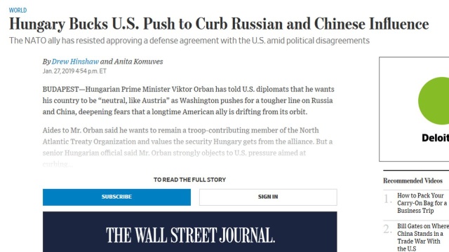 Węgry nie chcą wesprzeć działań Stanów Zjednoczonych zmierzających do ograniczenia wpływów Rosji i Chin. Pisze o tym amerykański dziennik Wall Street Journal powołując się na amerykańskich i węgierskich dyplomatów. Według gazety Wiktor Orban zadeklarował, że jego kraj chce pozostać neutralny - tak jak Austria.