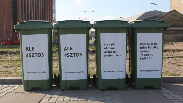 Ale sztos, Wrzucając tu butelkę, spalasz 19 kalorii. Bądź fit i Nie bądź dzban. Wrzuć tu swoje śmieci - takie hasła zagościły na śmietnikach na szczecińskich bulwarach.