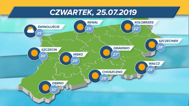 Znów w czwartek w Dębnie będzie najcieplej. Kilka stopni mniej nad samym morzem, ale i tak w całym regionie bez chmur. Kolejne dni zapowiadają się na bardzo ciepłe.