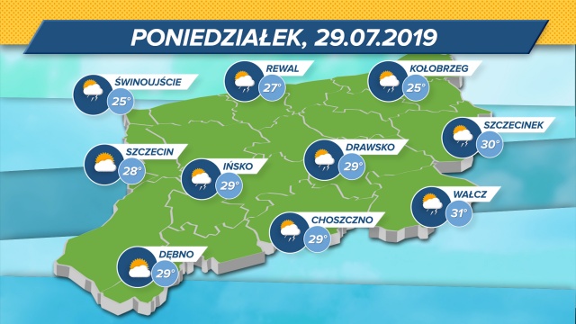 Kolejny piękny i upalny dzień. Termometry w regionie wskażą maksymalnie 25-31 stopni Celsjusza. Możliwe opady deszczu oraz burze. Ciśnienie niskie.