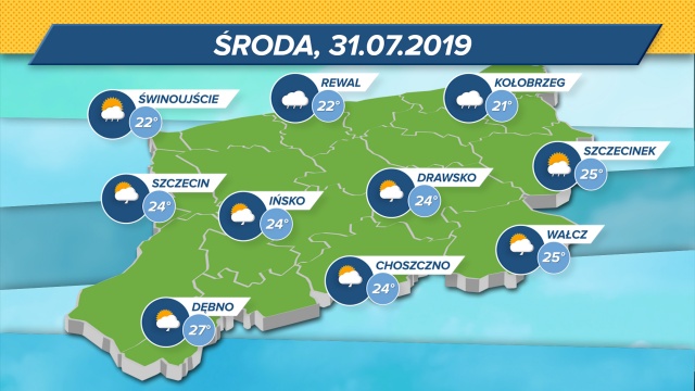 W całym regionie spodziewane opady deszczu. Termometry wskażą maksymalnie 21-27 st. Celsjusza. Ciśnienie w normie.