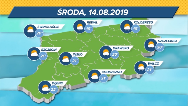 Maksymalne wskazania termometrów w regionie to 19-22 stopnie Celsjusza. Zachmurzenie średnie - z przejaśnieniami. Zapowiadany deszcz.