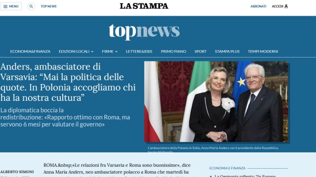 Ambasador Rzeczypospolitej we Włoszech Anna Maria Anders powiedziała, że nasz kraj nigdy nie zgodzi się na przymusowe przyjmowanie migrantów w ramach kwot ustalonych przez unijne władze. Mówiła o tym w wywiadzie udzielonym dziennikowi La Stampa.