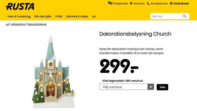 Miniatura kościoła bez krzyża - to jedna ze świątecznych ozdób oferowanych klientom przez Rusta - szwedzką sieć sklepów z wyposażeniem wnętrz. Firma twierdzi, że świąteczne dekoracje kieruje również do muzułmańskich odbiorców.