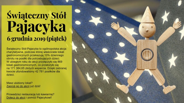 Tylko do 1 grudnia restauratorzy z całej Polski mogą przyłączyć się do akcji Świąteczny Stół Pajacyka. Dzięki temu w Mikołajki - 6 grudnia - 10 procent dziennego przychodu zapisanych lokali zostanie przekazane na ciepłe posiłki dla dzieci.