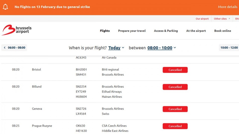 Z powodu strajku generalnego żaden samolot nie odleci w środę z belgijskich lotnisk, odwołane zostały też wszystkie przyloty. źródło: https://www.brusselsairport.be/en/passengers/flights/arriving