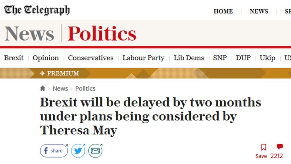 Dziennik donosi, że kancelaria premier May rozważa poproszenie Unii o to, by Królestwo mogło pozostać w Unii ok. dwa miesiące dłużej niż pierwotnie planowano. źródło: https://www.telegraph.co.uk/politics/2019/02/24/exclusive-brexit-will-delayed-two-months