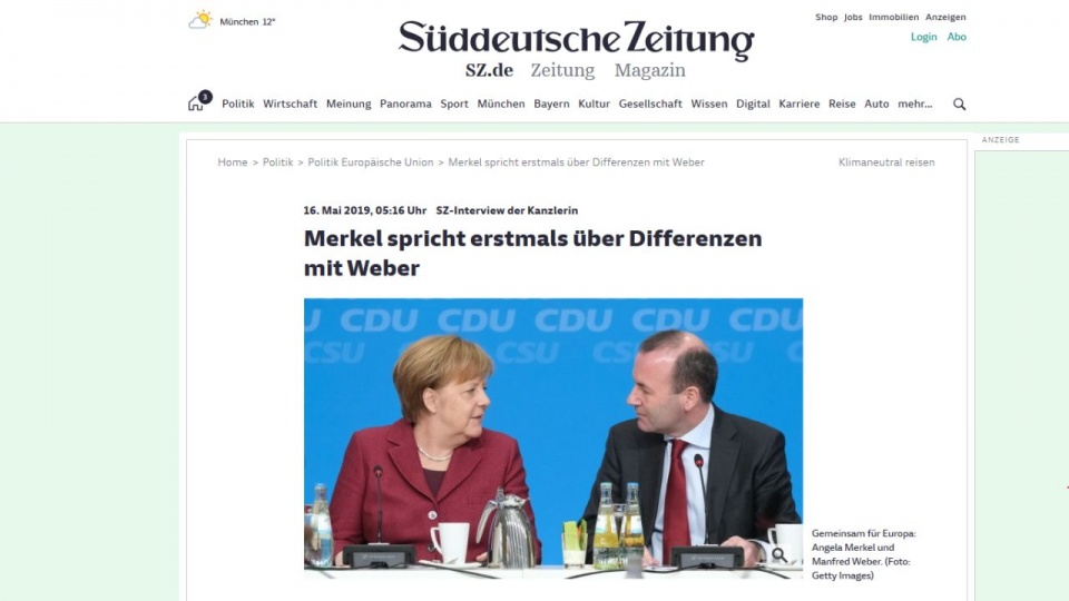 W czwartkowym wywiadzie dla "Sueddeutsche Zeitung" pani kanclerz stwierdziła, że martwi się o Europę. https://www.sueddeutsche.de/politik/merkel-weber-europwahl-1.4448875