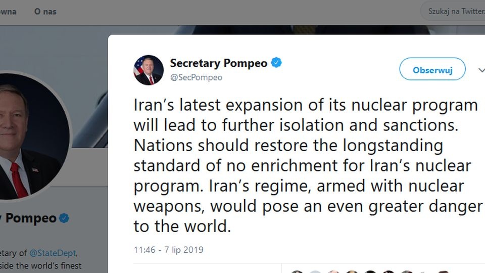 Sekretarz stanu USA Mike Pompeo napisał na Twitterze, że Iran będzie musiał zmierzyć się z postępującą izolacją i kolejnymi sankcjami. źródło: https://twitter.com/SecPompeo/