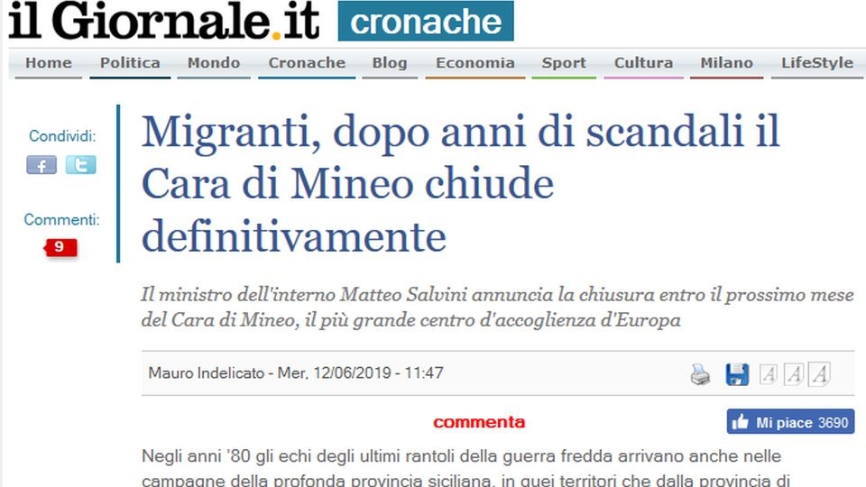 W Cara di Mineo na Sycylii zostanie we wtorek oficjalnie zamknięte największe w Europie centrum dla migrantów ubiegających się o azyl. źródło: http://www.ilgiornale.it/news/cronache/cara-mineo-lannuncio-salvini-entro-luglio-chiusura-1709864.html