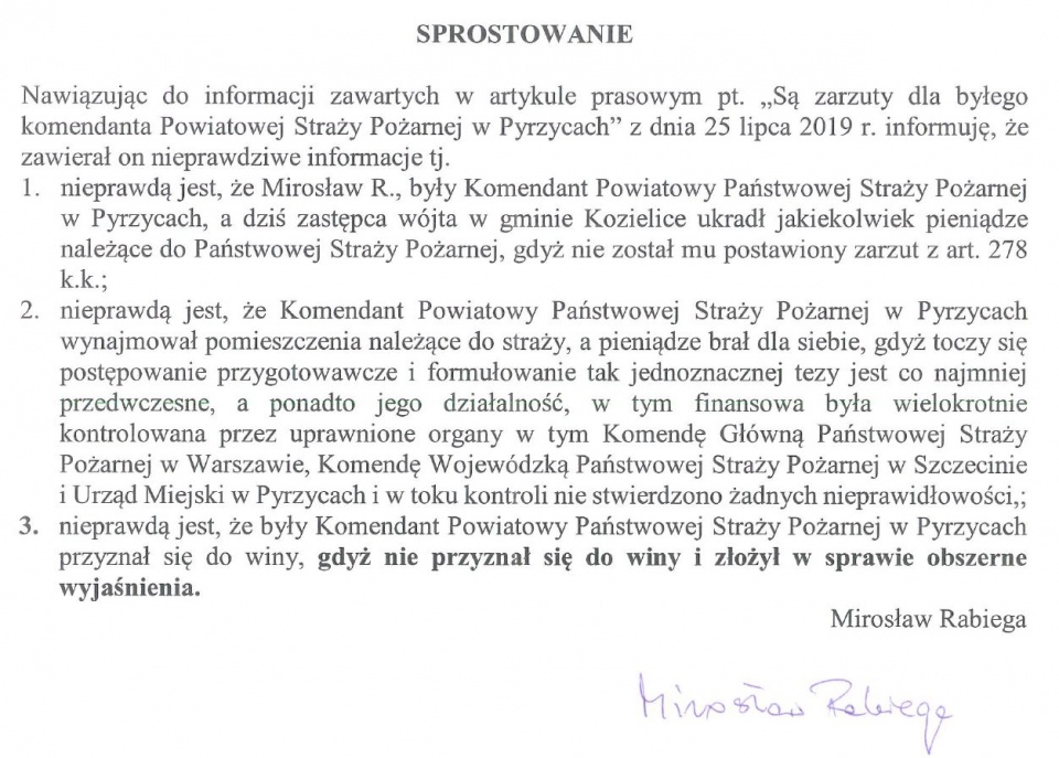 Sprostowanie do art. "Są zarzuty dla byłego komendanta PSP w Pyrzycach" - Radio Szczecin