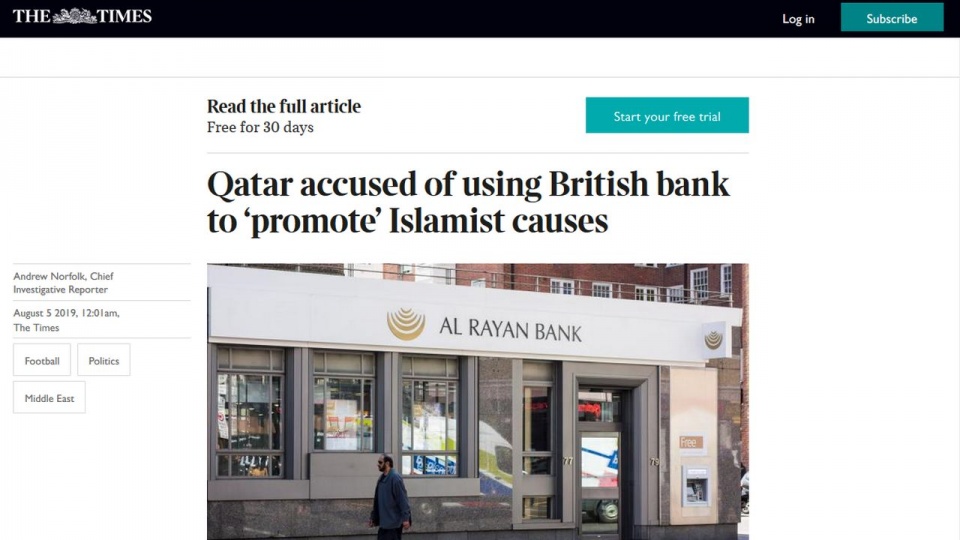 Islamski bank na Wyspach finansuje fundamentalizm - pisze dziennik "The Times". https://www.thetimes.co.uk/edition/news/qatar-accused-of-using-british-bank-to-promote-islamist-causes-htsmq8d8p