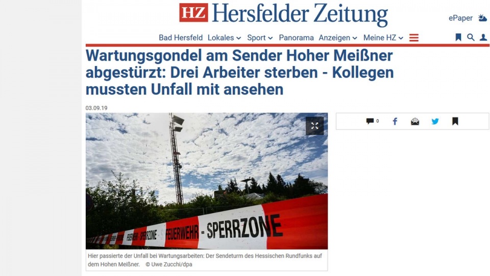 Trzy osoby zginęły na skutek upadku z wieży nadawczej w północnej Hesji w Niemczech. źródło: https://www.hersfelder-zeitung.de/hessen/hoher-meissner-wartungsgondel-stuerzt-metern-hoehe-zr-12968349.html