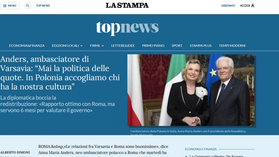 "La Stampa" przypomina, że Ambasador Polski jest córką generała Władysława Andersa, zwycięzcy bitwy o Monte Cassino. źródło: https://www.lastampa.it/topnews/