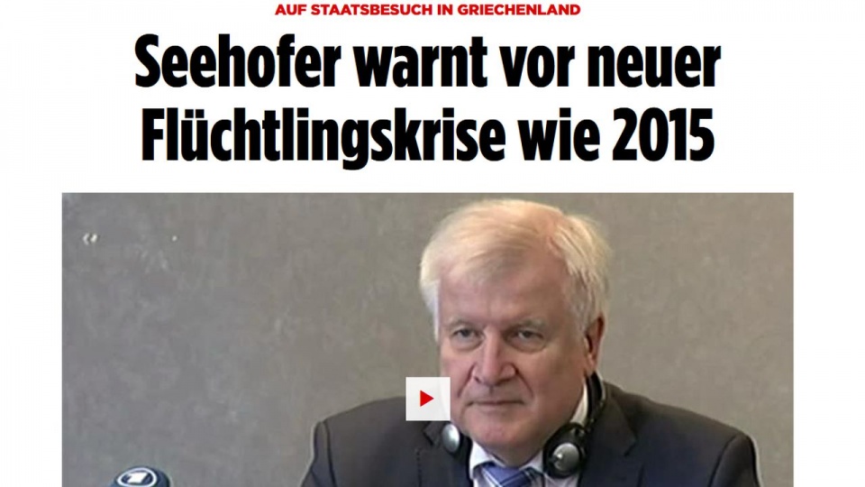 Na łamach niedzielnego "Bild am Sonntag" Seehofer apeluje do krajów unijnych o wspólne działania i ostrzega przez jeszcze większym napływem uchodźców do Europy. źródło: https://www.bild.de/politik/inland/politik-inland/seehofer-warnt-vor-neuer-fluechtling