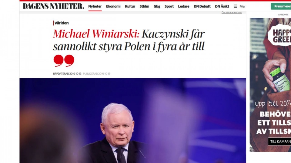 Publicysta Dagens Nyheter przypomina, że wyborcze zwycięstwo PiS było możliwe dzięki wspólnej ofensywie kościelnych hierarchów oraz Jarosława Kaczyńskiego przeciwko środowisku LGBT. źródło: https://www.dn.se/nyheter/varlden/michael-winiarski-kaczynski-far