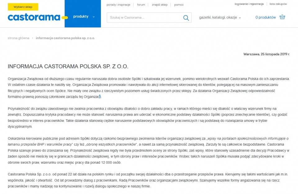 Oświadczenie Castorama Polska Sp. z o.o.