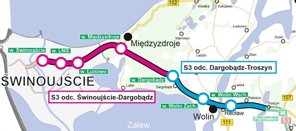 Mapa S3 Świnoujście-Troszyn. Grafika. Generalna Dyrekcja Dróg Krajowych i Autostrad.