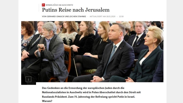 Frankfurter Allgemeine Zeitung pisząc o obchodach 75. rocznicy wyzwolenia niemieckiego nazistowskiego obozu koncentracyjnego i zagłady Auschwitz przypomina, że Polska była pierwszą ofiarą drugiej wojny światowej.